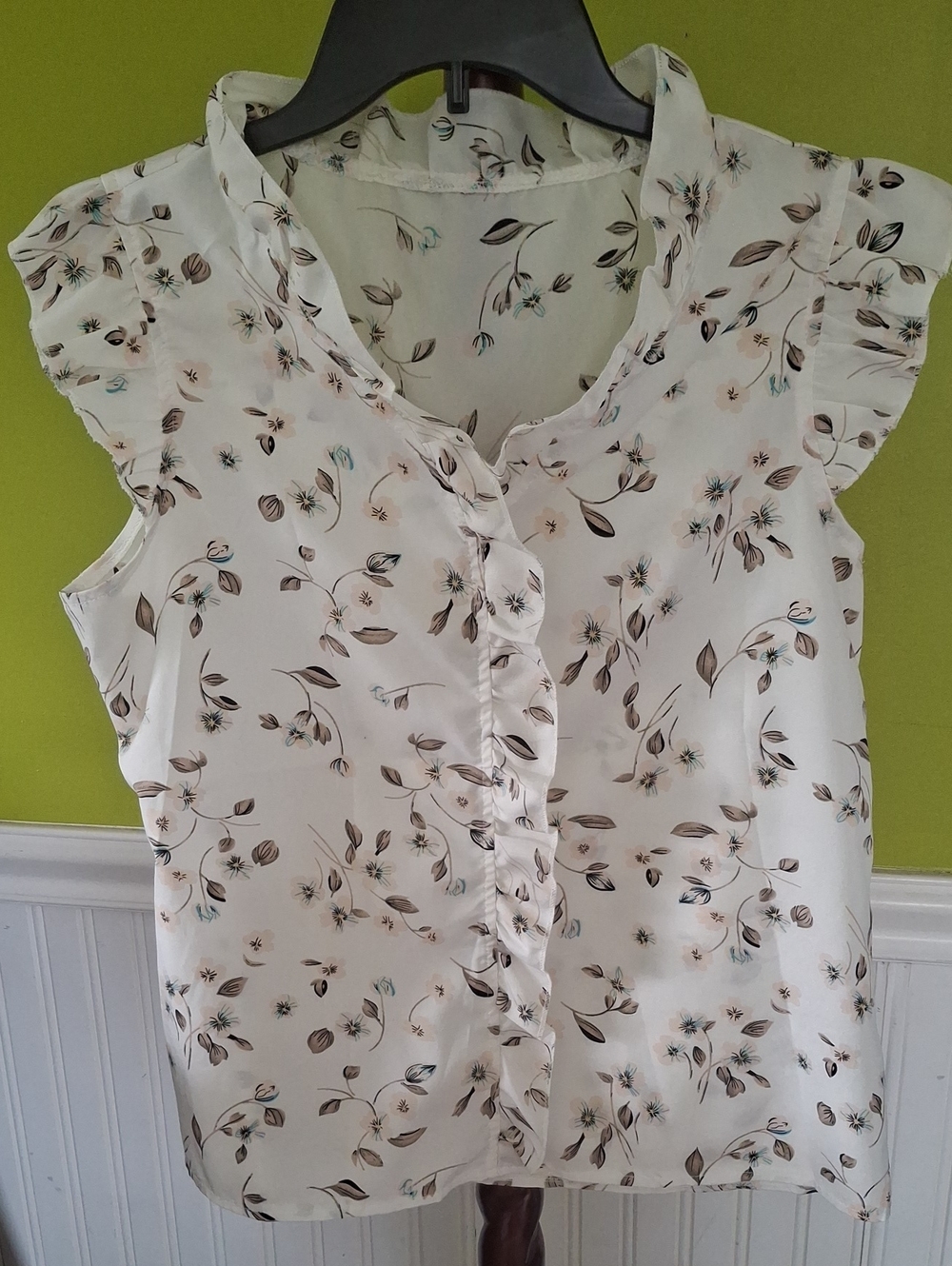 SHEIN White Floral Ruffle Camisole with Brown & Teal Accents